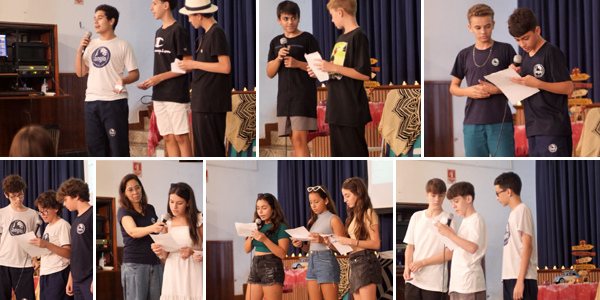 os alunos do Colégio Anglo Itu participando do sarau poético, meninos e meninas de várias idades